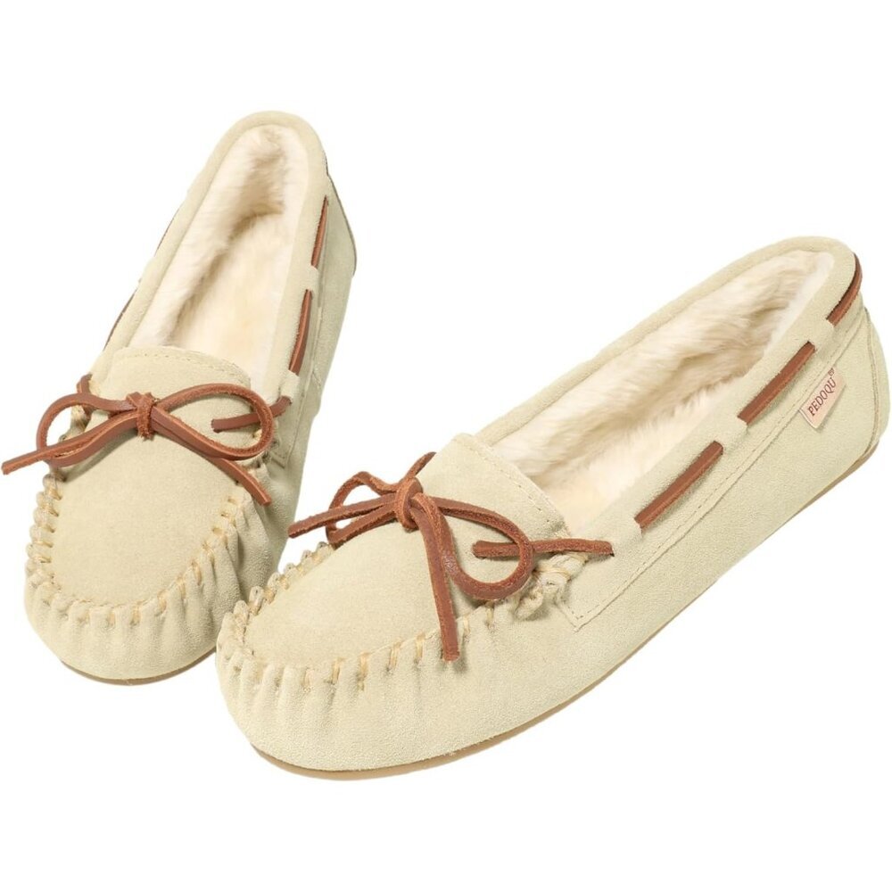 Women's Cream Leather Faux Fur Pile lined lace Up Cozy Bow Warm Slippers Boot